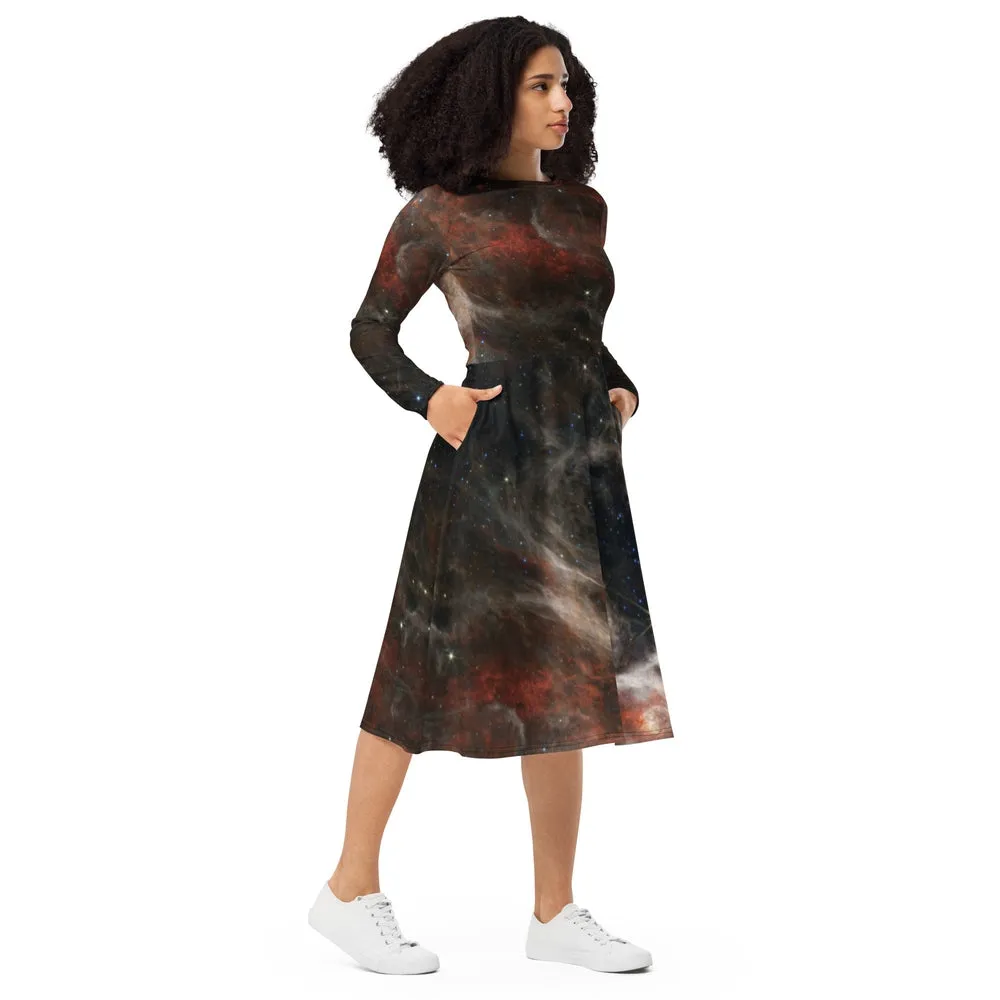 JWST Tarantula Nebula Long Sleeve Midi Dress with Pockets