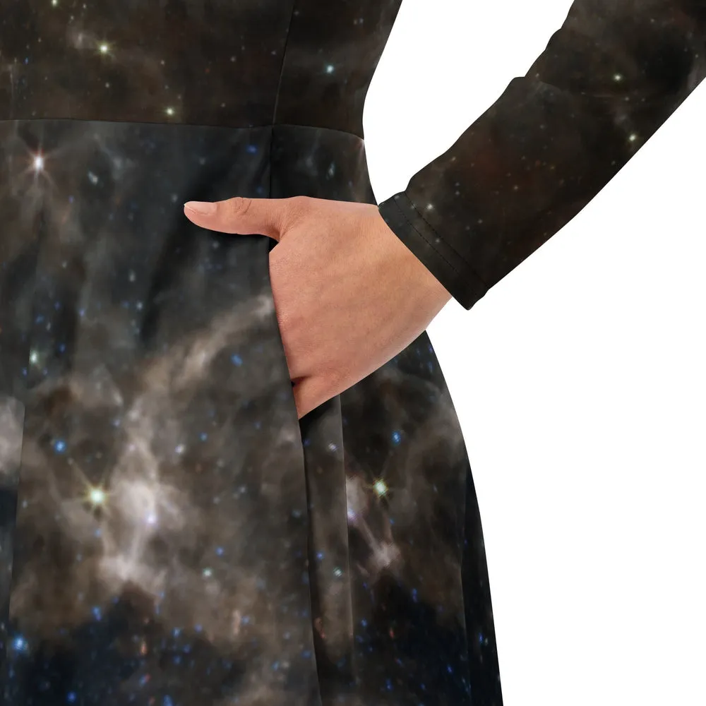JWST Tarantula Nebula Long Sleeve Midi Dress with Pockets