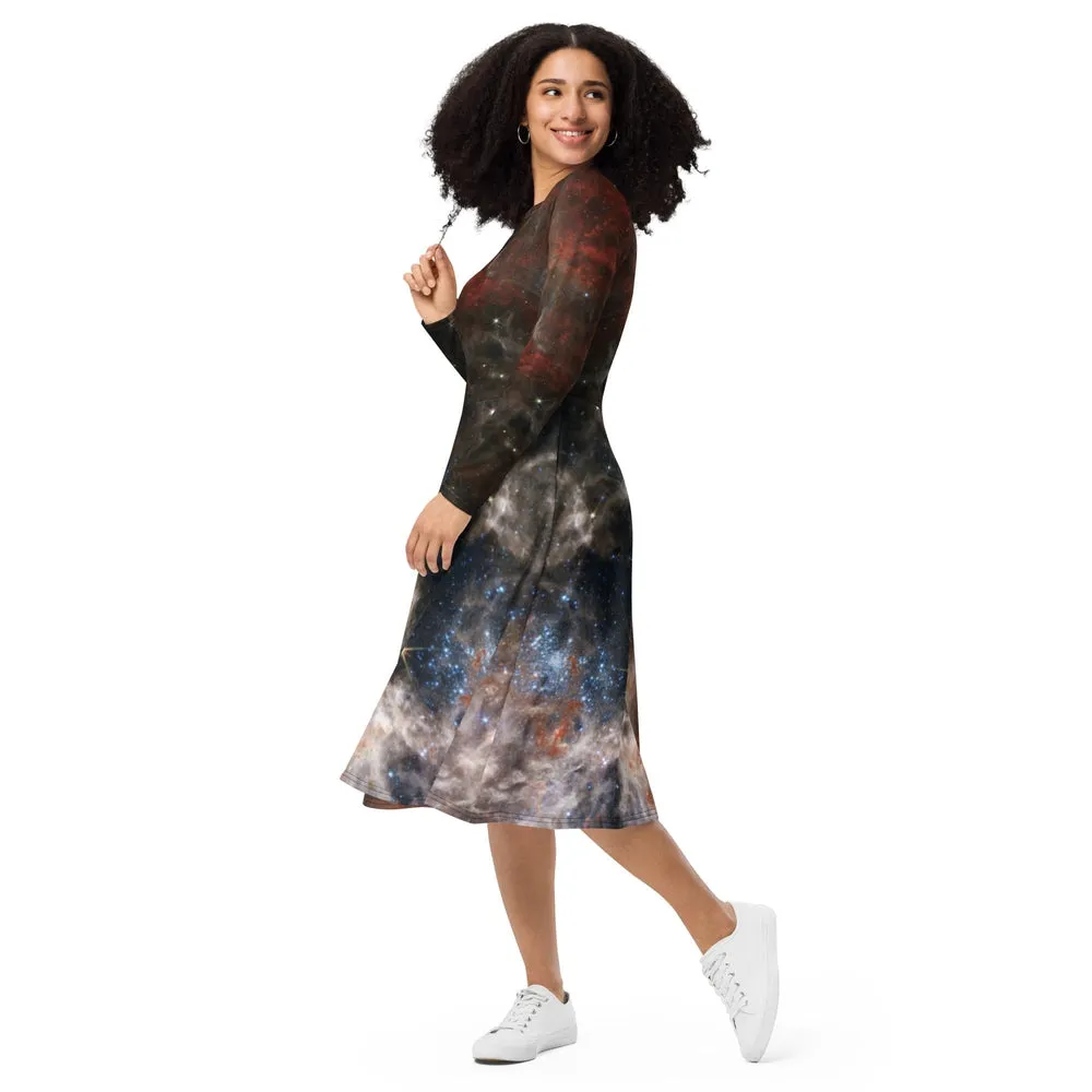 JWST Tarantula Nebula Long Sleeve Midi Dress with Pockets