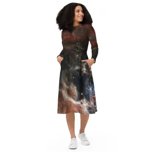 JWST Tarantula Nebula Long Sleeve Midi Dress with Pockets