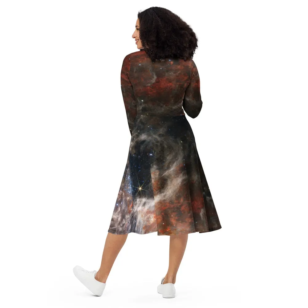 JWST Tarantula Nebula Long Sleeve Midi Dress with Pockets
