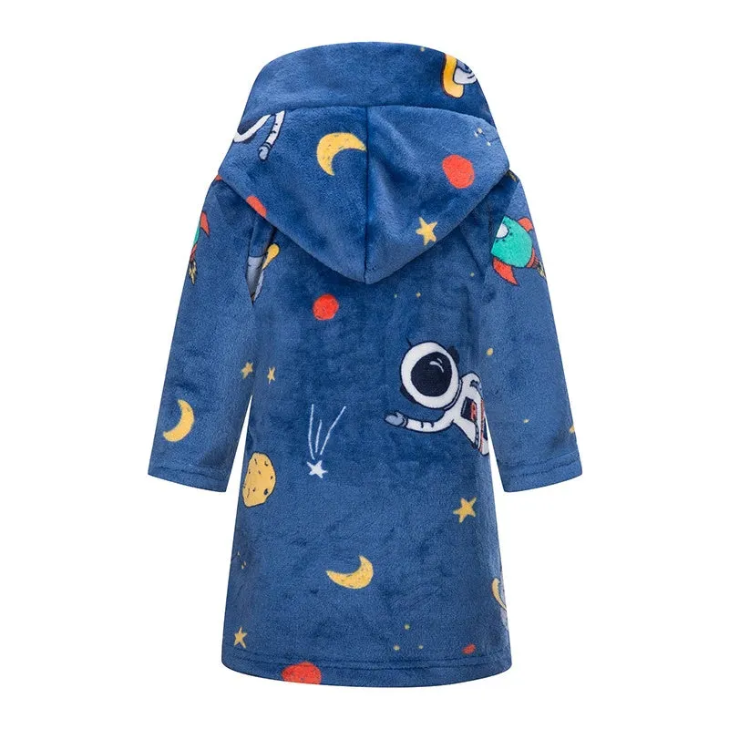 Kids Hooded Soft Flannel Bathrobe - Navy Blue