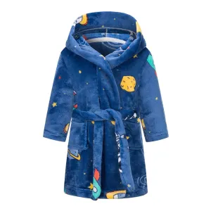 Kids Hooded Soft Flannel Bathrobe - Navy Blue