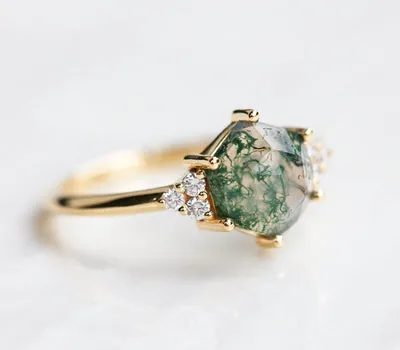 Klara Hexagon Moss Agate Ring With Diamonds