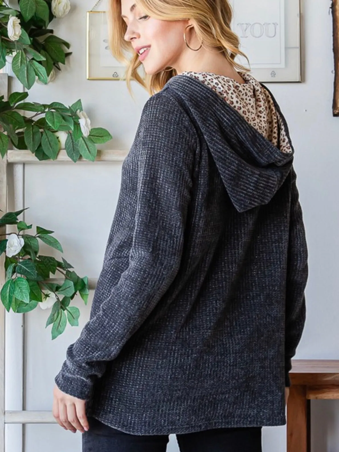 Leopard Accent Hoodie: Charcoal