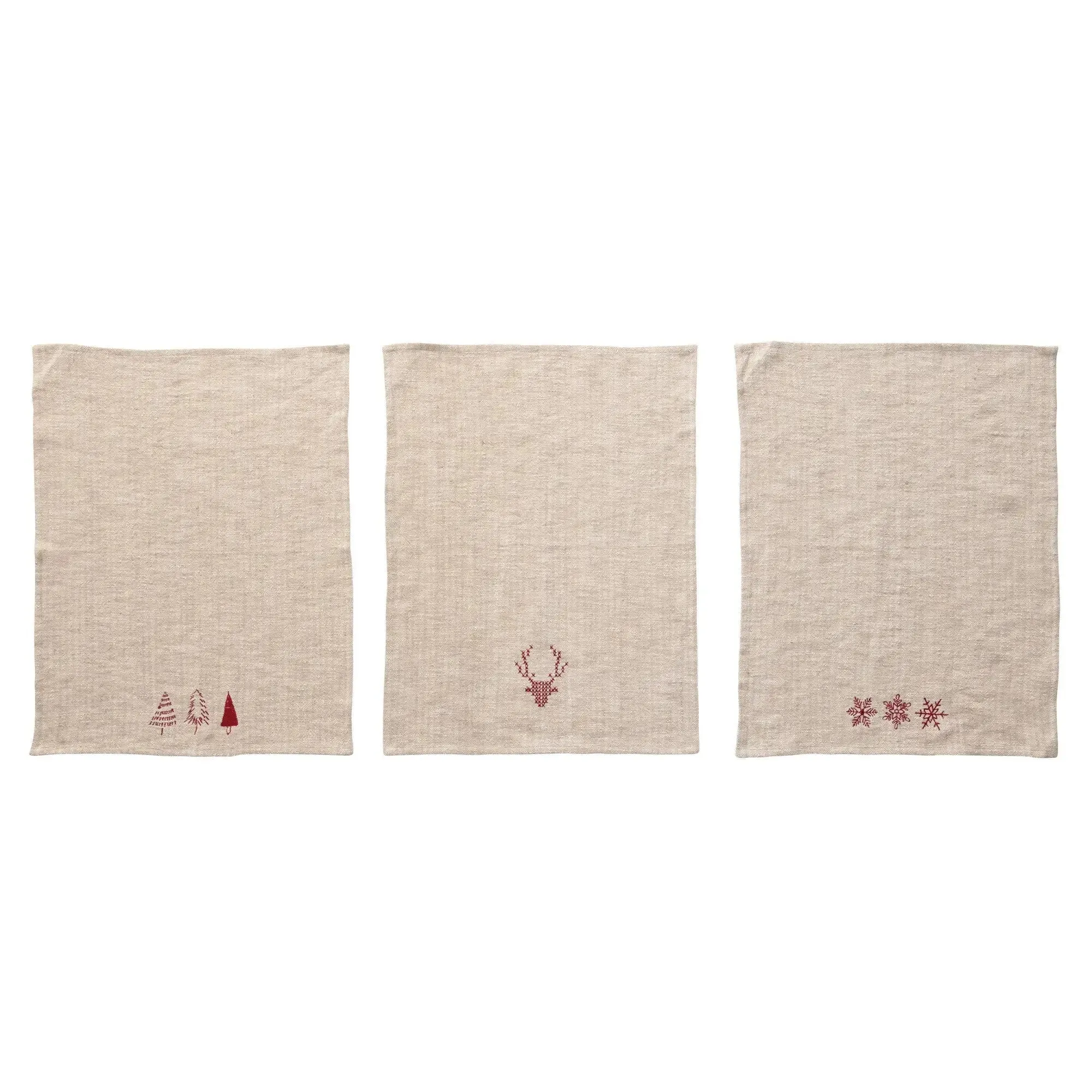 LINEN AND COTTON EMBROIDERED CHRISTMAS TEA TOWEL / NATURAL & RED