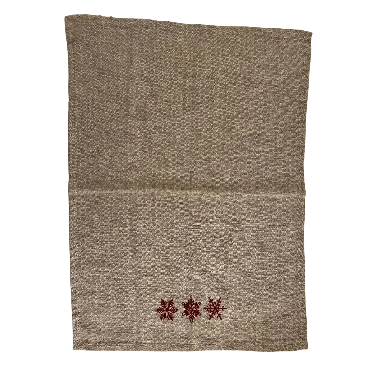 LINEN AND COTTON EMBROIDERED CHRISTMAS TEA TOWEL / NATURAL & RED