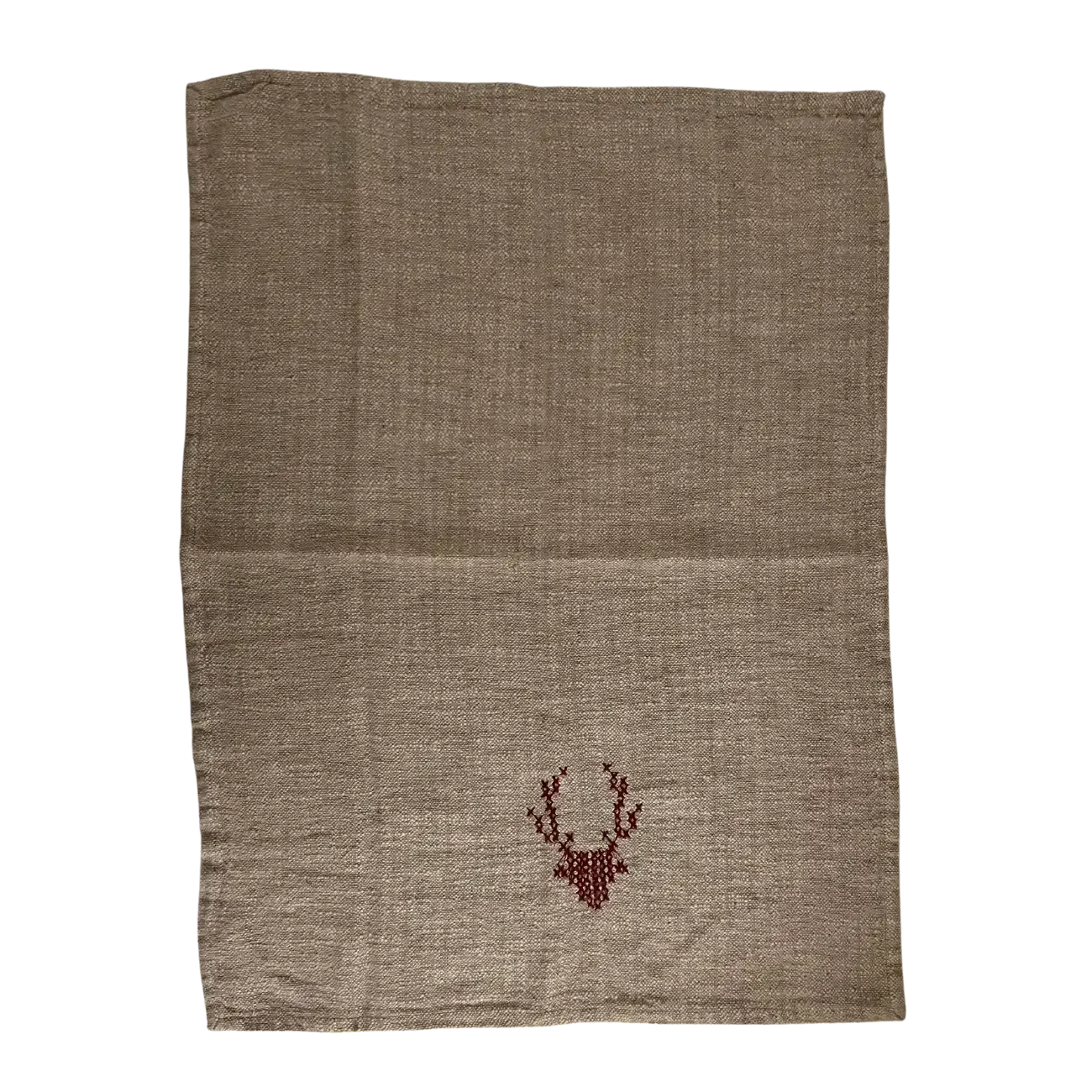 LINEN AND COTTON EMBROIDERED CHRISTMAS TEA TOWEL / NATURAL & RED