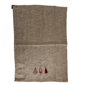 LINEN AND COTTON EMBROIDERED CHRISTMAS TEA TOWEL / NATURAL & RED