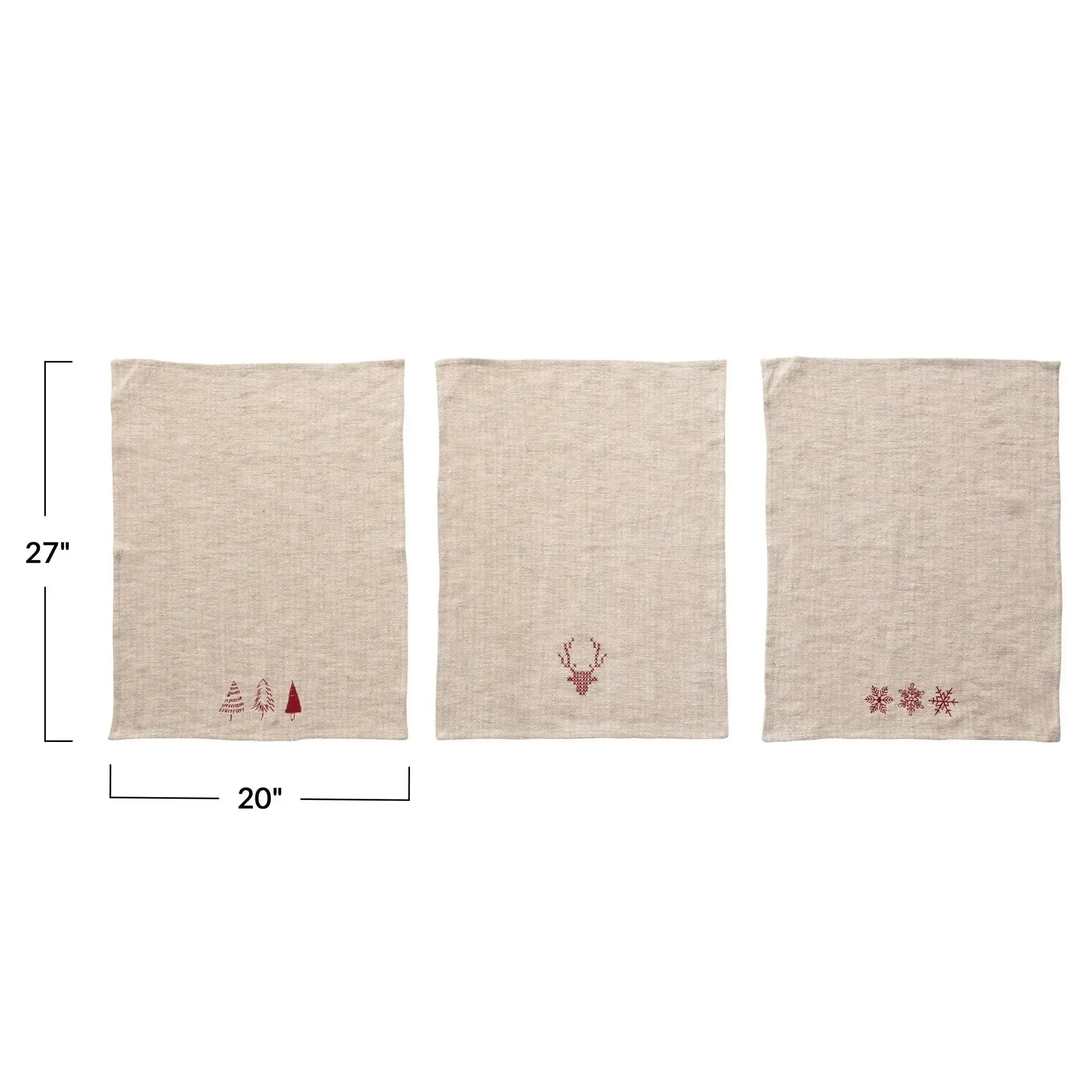 LINEN AND COTTON EMBROIDERED CHRISTMAS TEA TOWEL / NATURAL & RED