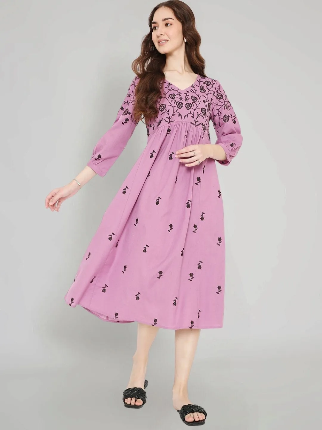 Mauve Boho Embroidered Cotton Midi Dress