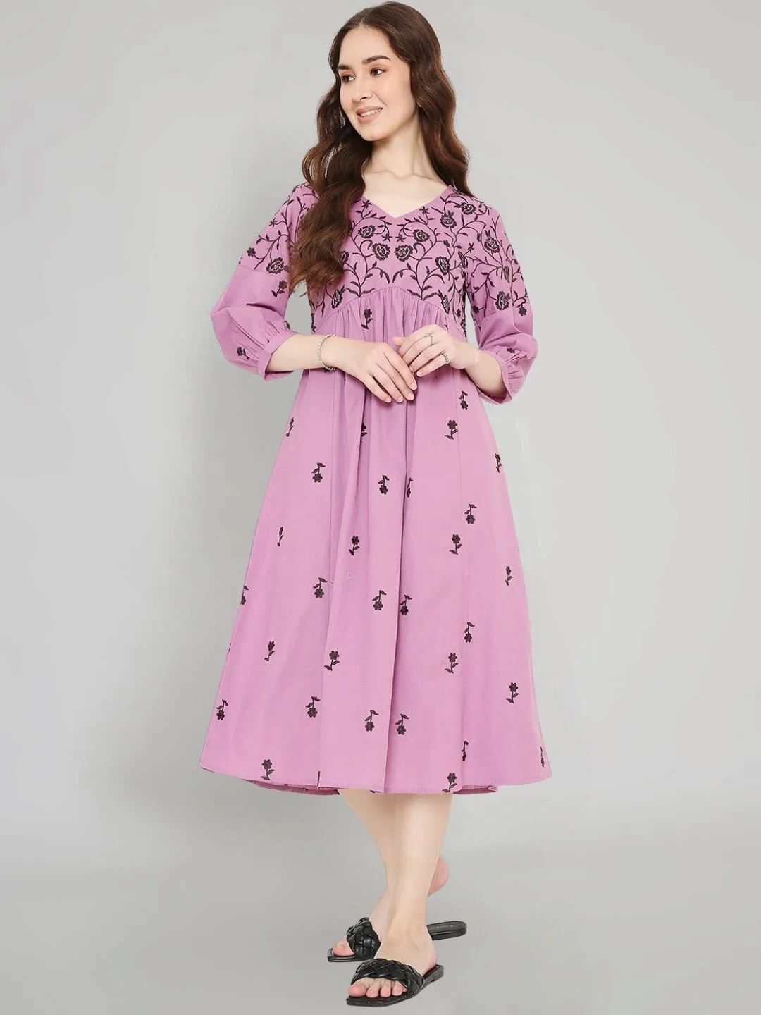 Mauve Boho Embroidered Cotton Midi Dress