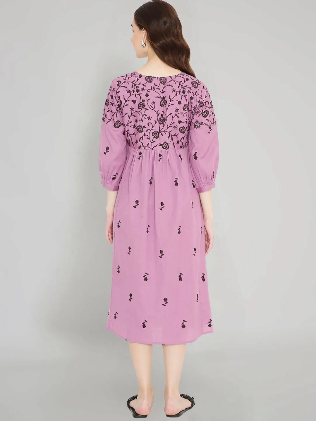 Mauve Boho Embroidered Cotton Midi Dress