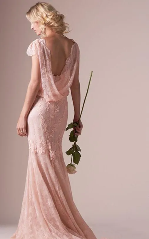Mermaid Sheath Short Bell Cap Bat Appliques Brush Train Backless Zipper Lace Dress-713735
