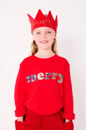 'Merry' Red T-Shirt in Mixed Christmas Liberty Print