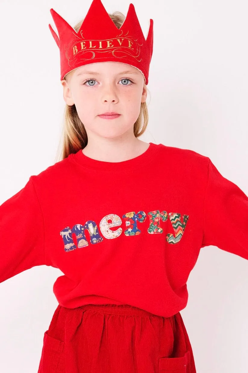 'Merry' Red T-Shirt in Mixed Christmas Liberty Print