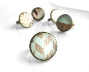 Mint Wood Ring, wood grain ring, faux wood, aqua ring, pale blue ring, large round ring, statement ring, chevron ring, adjustable band 6 7 8