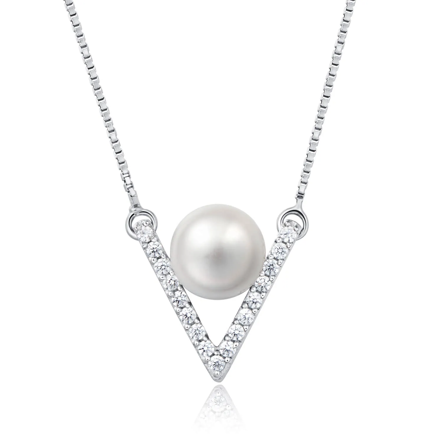 Molah Silver Freshwater Pearl and Cubic Zirconia Chevron Necklace