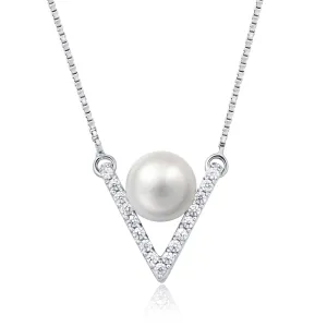 Molah Silver Freshwater Pearl and Cubic Zirconia Chevron Necklace