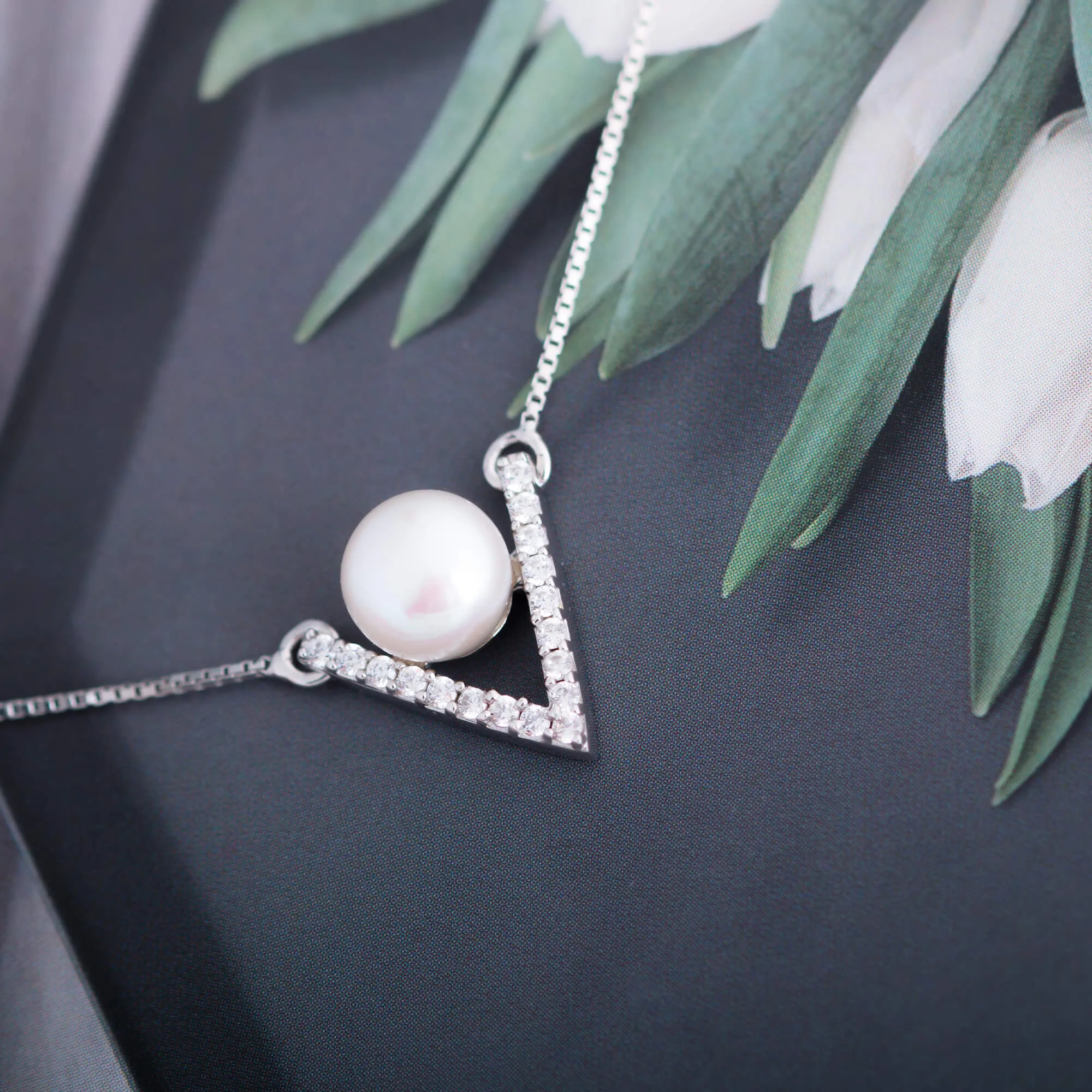 Molah Silver Freshwater Pearl and Cubic Zirconia Chevron Necklace