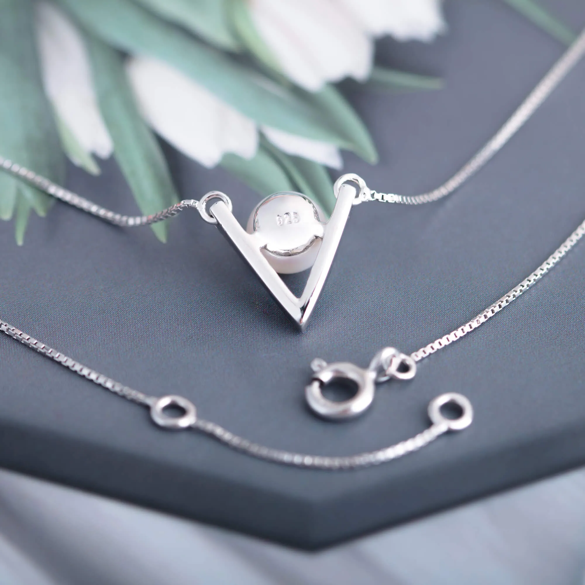 Molah Silver Freshwater Pearl and Cubic Zirconia Chevron Necklace