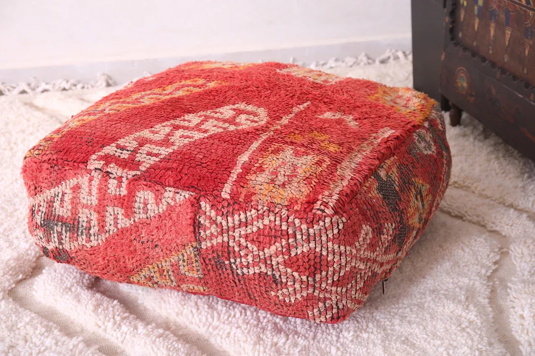 Moroccan Kilim Pouf - Red Vintage Floor Cushion