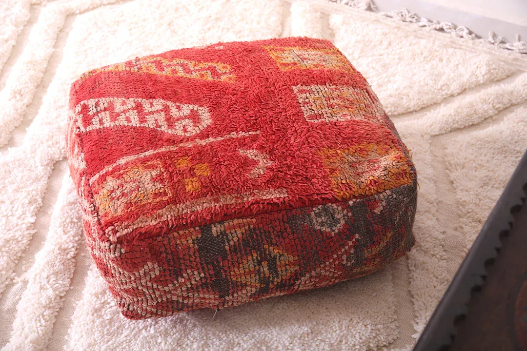 Moroccan Kilim Pouf - Red Vintage Floor Cushion