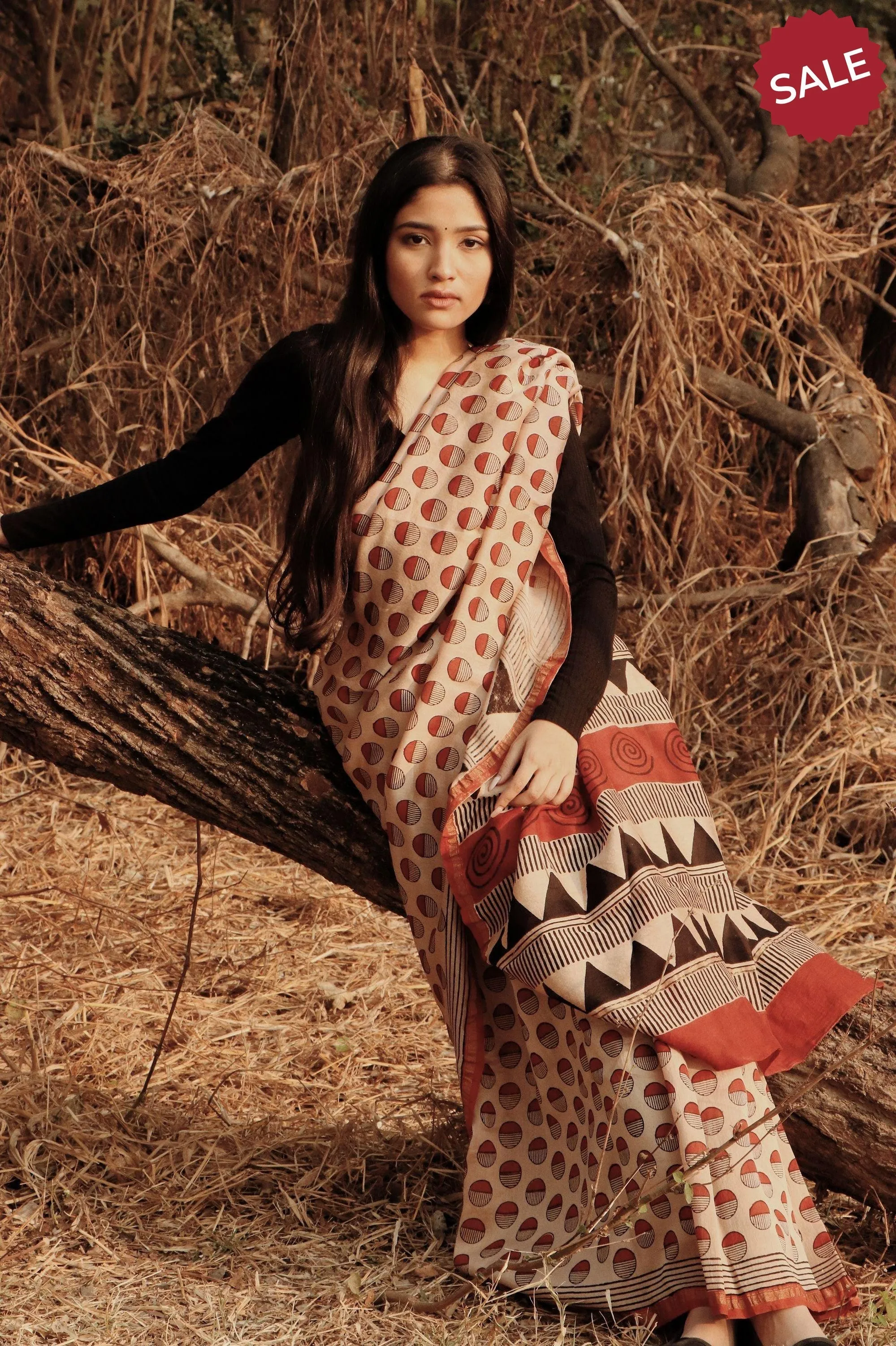 Natural dyed Bagru saree - Roheda- Red Syahi Begar