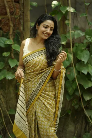Natural dyed Bagru saree - Roheda- Yellow Syahi Begar