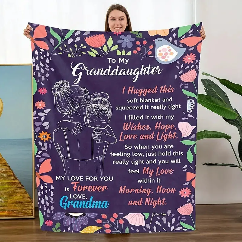 NEW 1pc Flannel Blanket, To My Granddaughter From Grandma Floral Blanket, Warm Cozy Soft Throw Blanket For Couch Bed Sofa, Retails $70