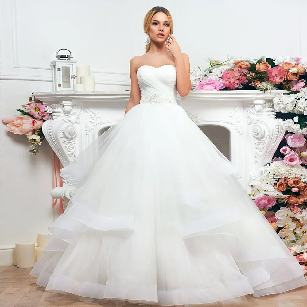 New Arrivals Wedding Gowns Robe De Mariée Sweetheart Neck Lace Up Appliques Beading Sequined Waist Pleat Bridal Gowns None Train