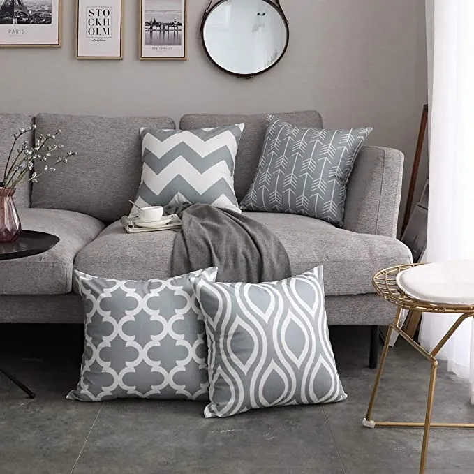 New FanHomcy Accent Decorative Throw Pillow Cases Soft Microfiber Outdoor Throw Pillow Covers 18 x 18 for Couch Bedroom, Set of 4, Grey Quatrefoil Arrow Ogee Chevron Patterns