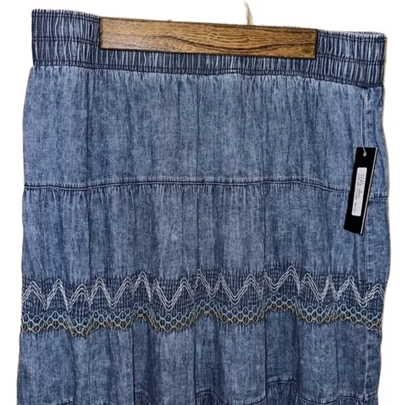 NWT Lapis skirt denim blue chambray long midi length embroidery Sz L