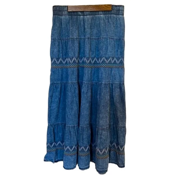 NWT Lapis skirt denim blue chambray long midi length embroidery Sz L