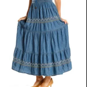 NWT Lapis skirt denim blue chambray long midi length embroidery Sz L