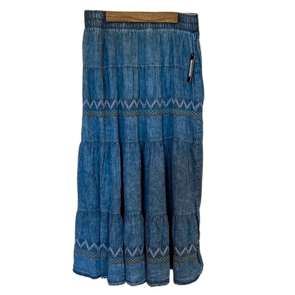 NWT Lapis skirt denim blue chambray long midi length embroidery Sz L