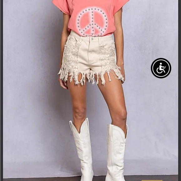 NWT! POL Oatmeal Fringe Boho Fun Sequined Denim Jean Shorts