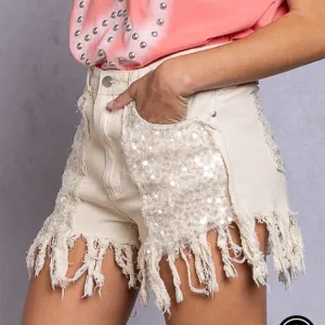 NWT! POL Oatmeal Fringe Boho Fun Sequined Denim Jean Shorts