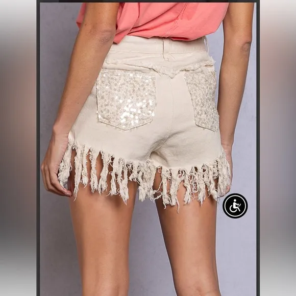 NWT! POL Oatmeal Fringe Boho Fun Sequined Denim Jean Shorts