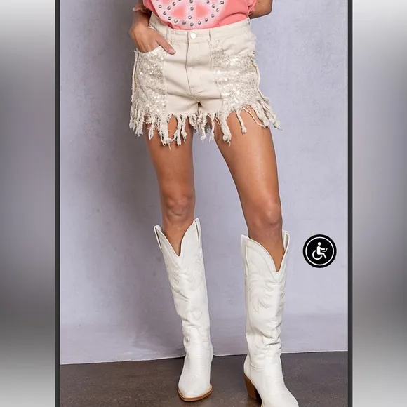 NWT! POL Oatmeal Fringe Boho Fun Sequined Denim Jean Shorts