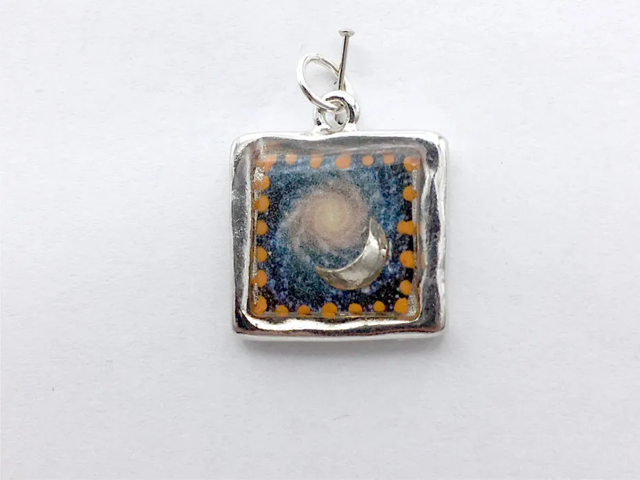 Pewter with Sterling Silver Fancy spiral galaxy & moon pendant, astronomy, stars