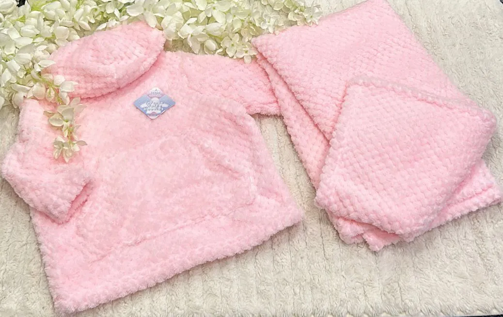 Pink fleecy baby blanket and hoodie set