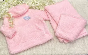 Pink fleecy baby blanket and hoodie set