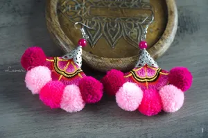 Pink Passion Embroidered Pom Pom Earrings