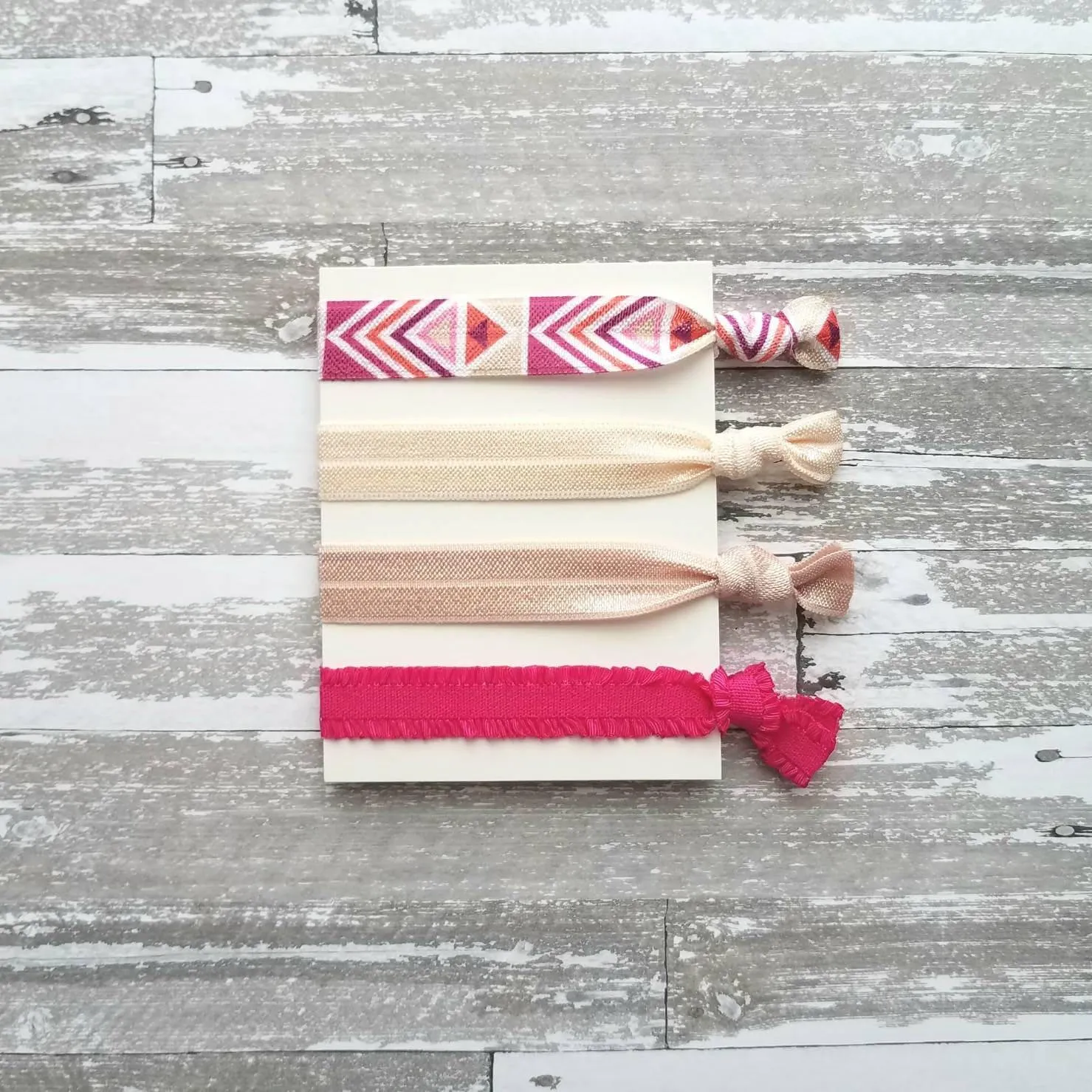 Pink Tribal Hair Band Set - elastic ruffle tie knot bow ponytail holder - no crease gentle fine thick ribbon - Aztec geometric chevron white