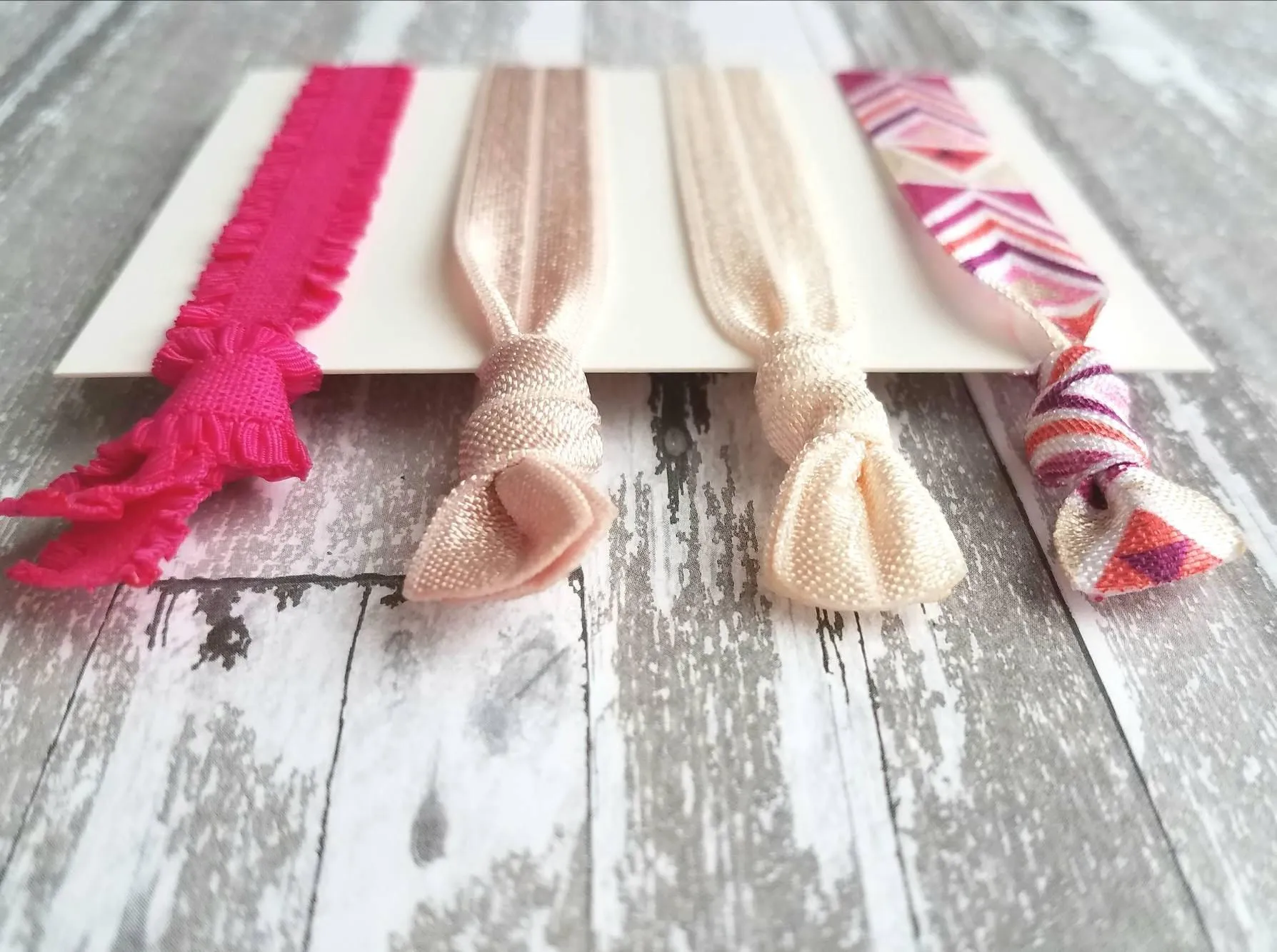Pink Tribal Hair Band Set - elastic ruffle tie knot bow ponytail holder - no crease gentle fine thick ribbon - Aztec geometric chevron white