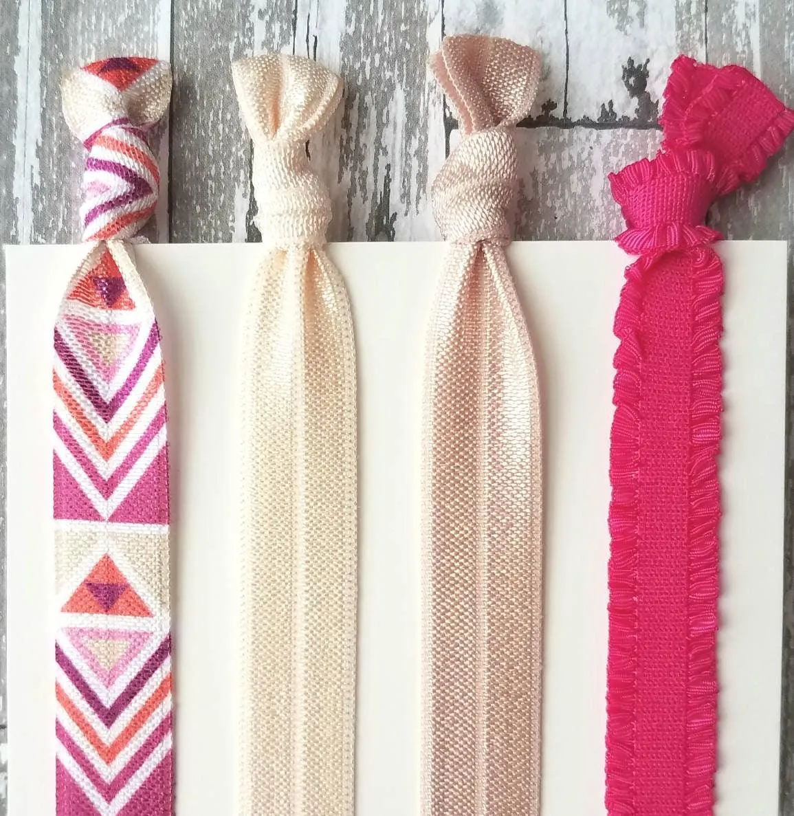 Pink Tribal Hair Band Set - elastic ruffle tie knot bow ponytail holder - no crease gentle fine thick ribbon - Aztec geometric chevron white