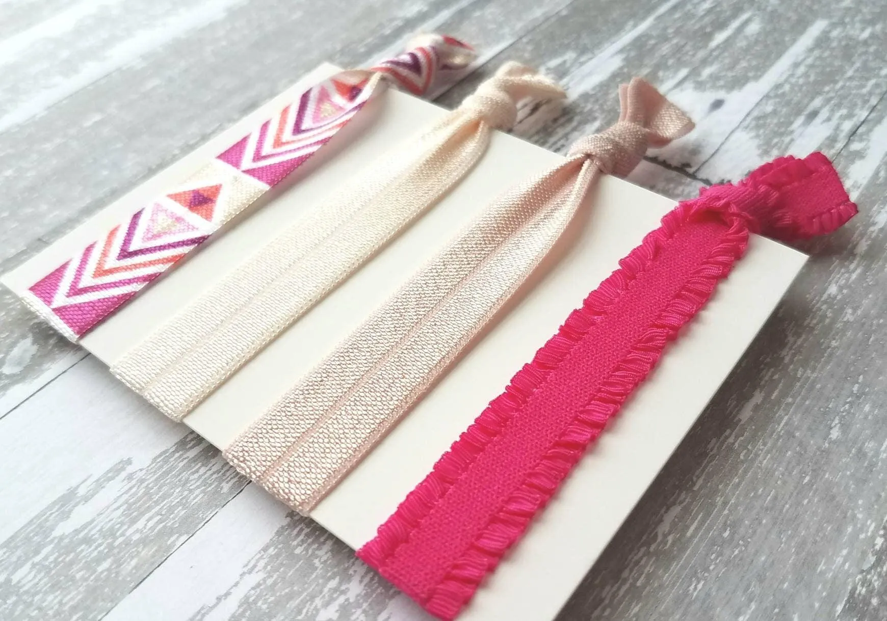 Pink Tribal Hair Band Set - elastic ruffle tie knot bow ponytail holder - no crease gentle fine thick ribbon - Aztec geometric chevron white