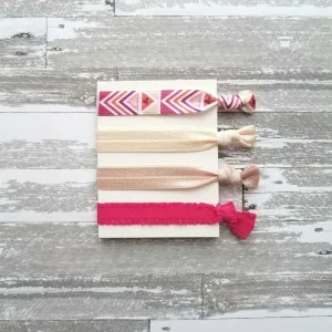 Pink Tribal Hair Band Set - elastic ruffle tie knot bow ponytail holder - no crease gentle fine thick ribbon - Aztec geometric chevron white