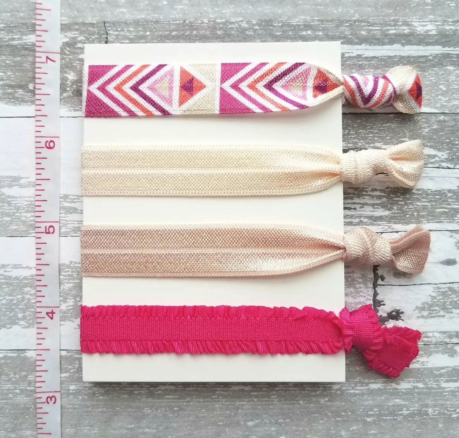 Pink Tribal Hair Band Set - elastic ruffle tie knot bow ponytail holder - no crease gentle fine thick ribbon - Aztec geometric chevron white